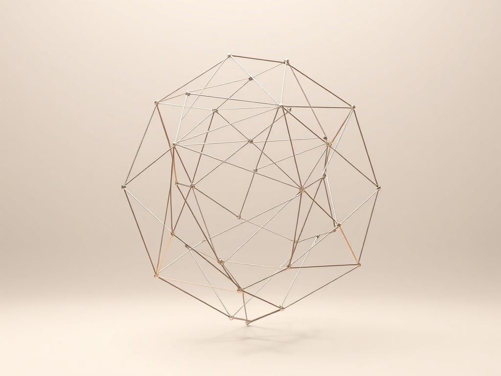 Abstract geometric shape made of interconnected lines, floating in a soft gradient background, metallic finish, 3D render style, 8k